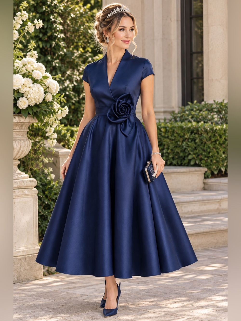 Navy Satin Midi Dress with Rosette Waist with a zipper at the back